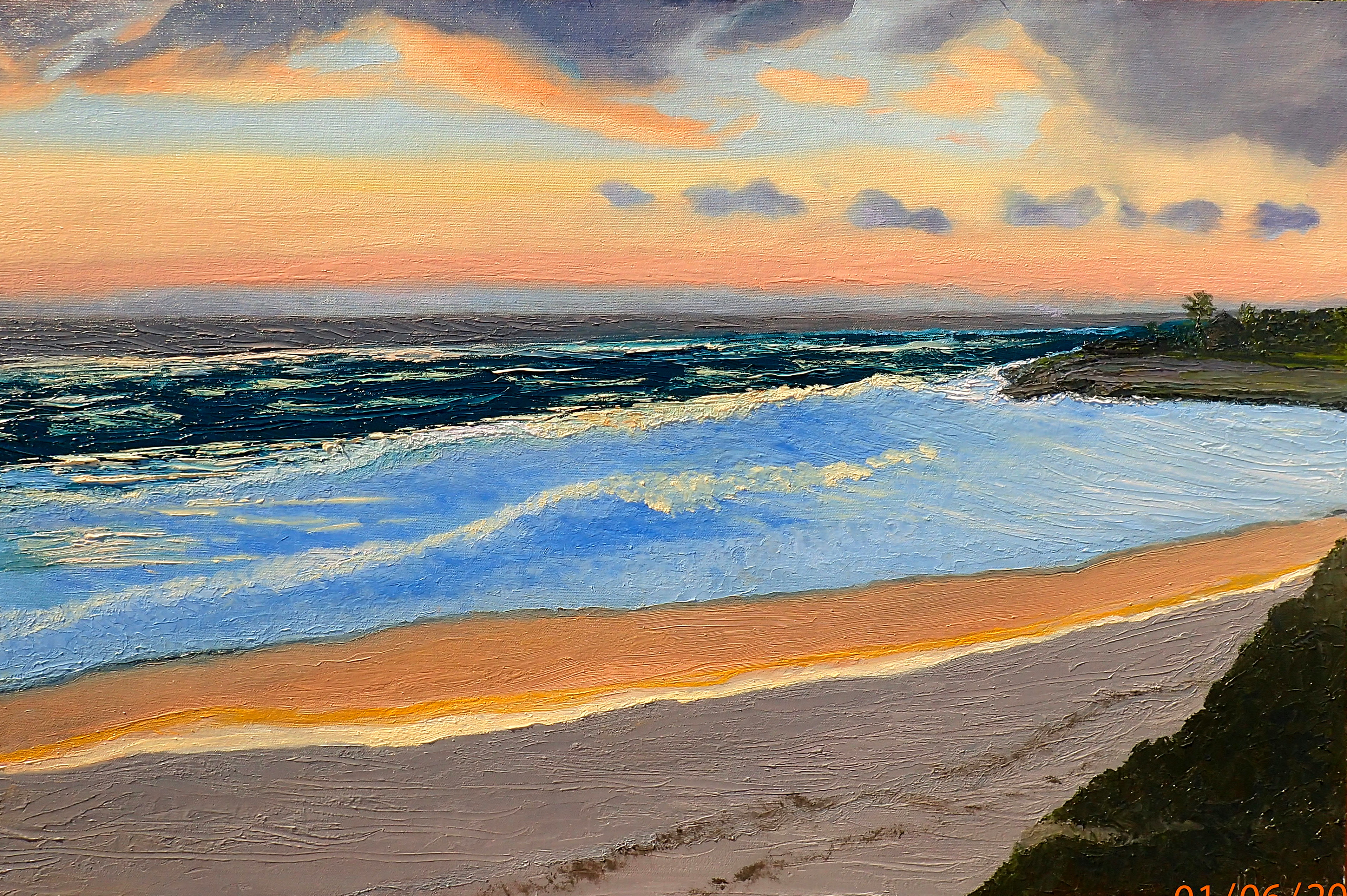 An Original 24x36 Canvas Panel oil painting. © Marlee Mason  On the dune bridge of South Elbow Cay the surf on a quiet November morning is gentle,  there are no human voices, no automobile engines, n